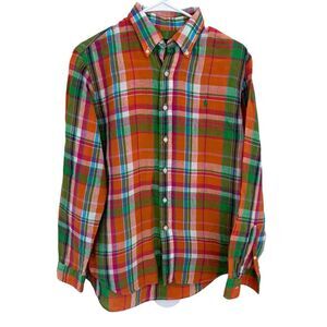Ralph Lauren Polo slub LINEN Madras Plaid Check orange pink green Shirt Sz M